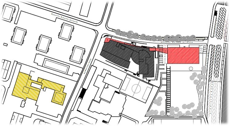 gelb "Altbau 1975" | grau "Altbau 1997" | rot "Neubau 2020" gelb "Altbau 1975" | grau "Altbau 1997" | rot "Neubau 2020"